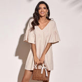 Women Dress Loose Casual Short Skirt V-neck Dress