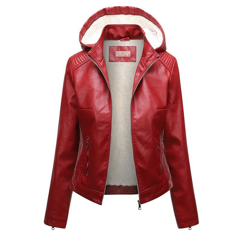 Red Leather Jacket Fleece-Lined Leather Jacket Women's Detachable Large Size Leather Coat