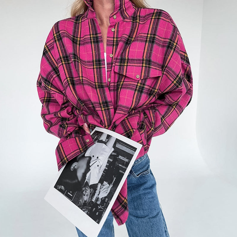 Women Trench Coat Autumn and Winter Leisure Loose Check Shirt Plaid Shirt Long Sleeve