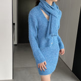 Women Knitted Two-Piece Set Cardigan Skirt Scarf Three-Piece Set Button Knitted Sweater Casual Suit 1t8852