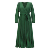 Women Date Dress Autumn and Winter V-neck Long Sleeve Pleated Dress