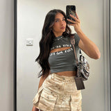 Women Tops Summer Slim-Fit Neckline Hollow-out Printed Short-Sleeved T-shirt