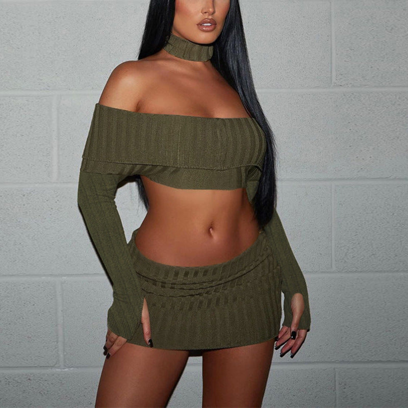Women Co-Ord Set off-the-Shoulder Long Sleeve Top Sexy Hip Skirt Two-Piece Set