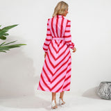 Women Date Dress Autumn and Winter Striped Printed Buttons Cinched Blouse Dress