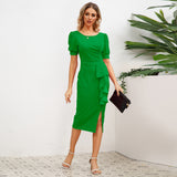 Women Date Dress round Neck Pleated Lace Dress