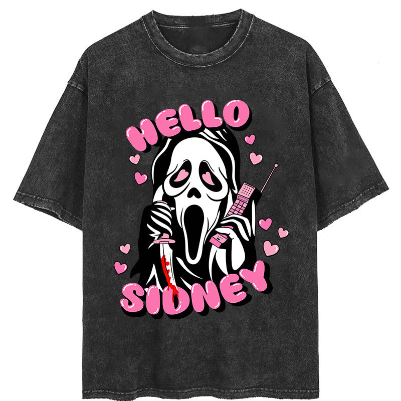 Washed Diablo Halloween printed street retro t-shirt, crew neck short sleeves