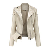 Red Leather Jacket Rivet Leather Clothing with Stand Collar Spring and Autumn Coat Women's Rivet Leather Clothing
