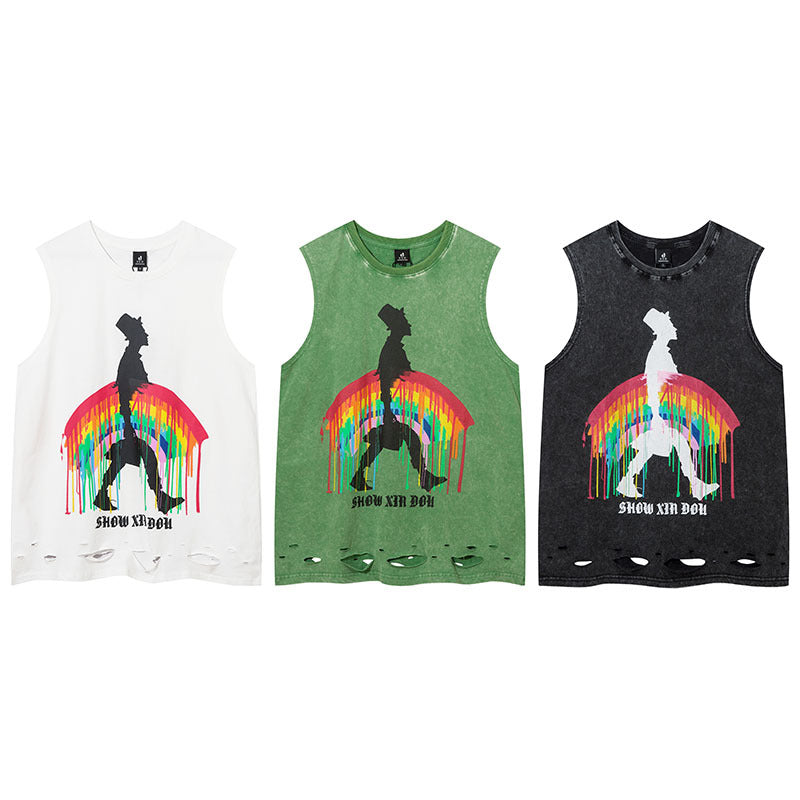 Men Vest Hip Hop Retro Graffiti Distressed Oversize Vest