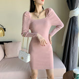 Women Maxi Dress Fall/Winter Square Collar Puff Sleeve Hip Knitwear Dress