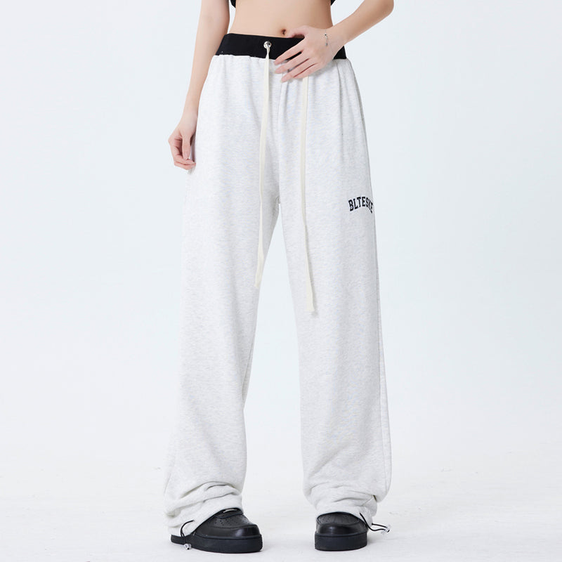 Men Sweatpants Loose Straight Sweatpants Embroidery Drawstring Ankle-Tied Sweatpants Wide Leg Mop Pants