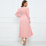 Women Date Dress Fall/Winter Slim Long Sleeve round Neck Pleated Long Dress