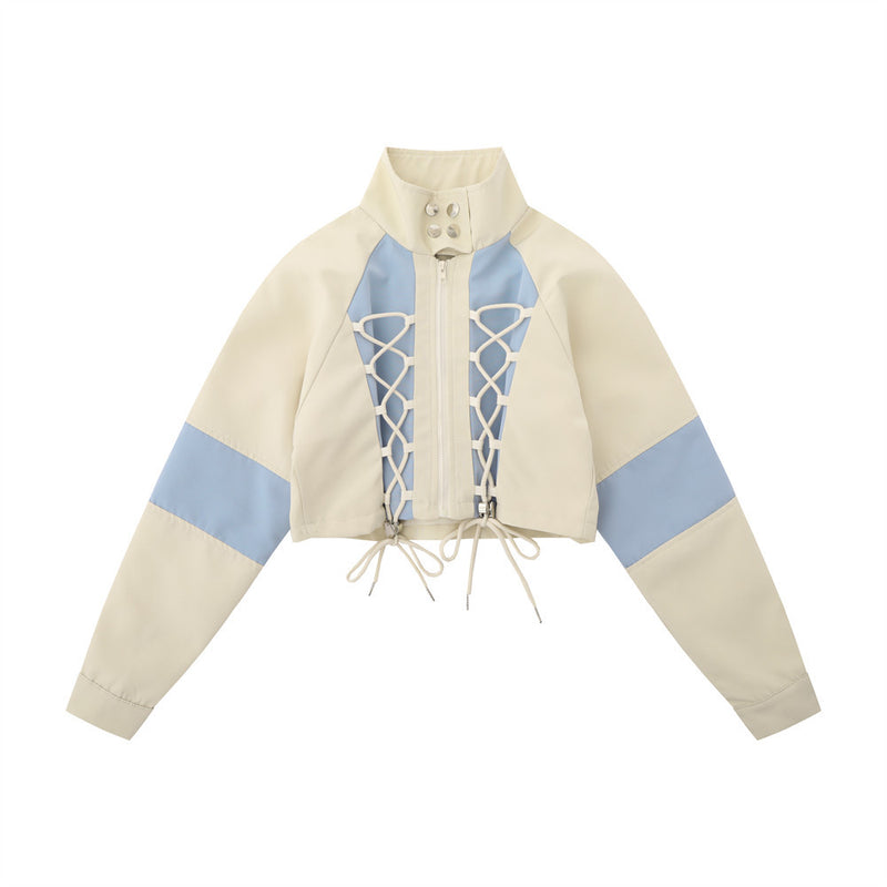 Women Jacket Short Coat Autumn Stand Collar Stitching Long Sleeve High Waist Jacket