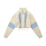 Women Jacket Short Coat Autumn Stand Collar Stitching Long Sleeve High Waist Jacket