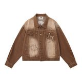 Women Jacket Five-Pointed Star Affixed Cloth Embroidered Washed White Denim Jacket