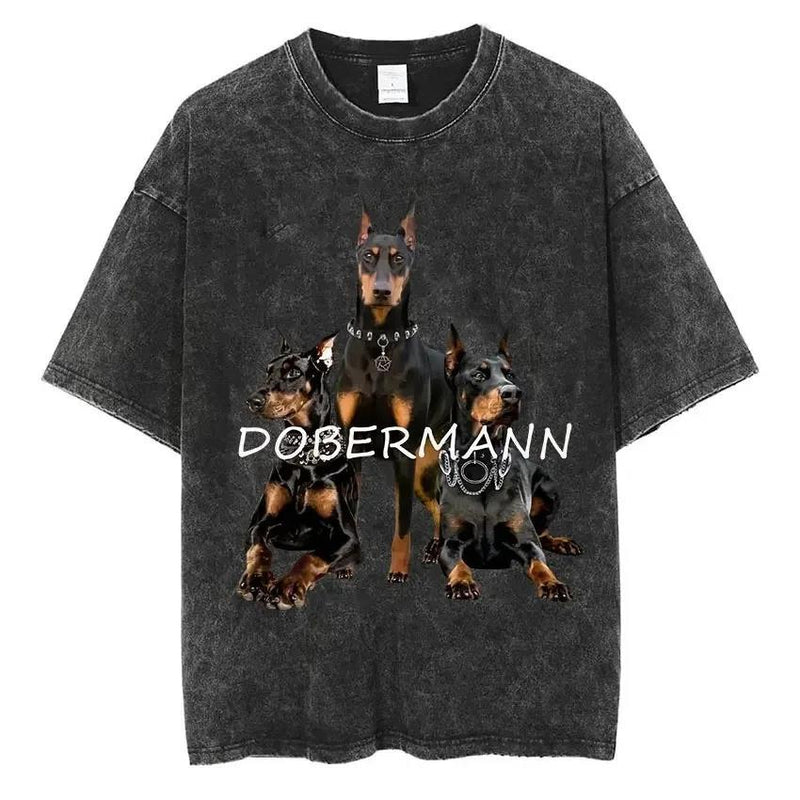Rottweiler Doberman Vintage Washed T Shirt Men's Hip Hop