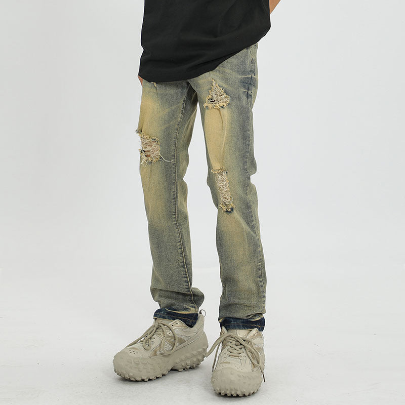 Men Jeans Ripped Straight Jeans Men and Women Loose Slim Trousers