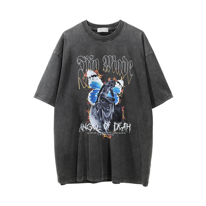 Men Vintage T-Shirt Printed round Neck Short Sleeve T-shirt Men's Loose Casual Distressed Wash