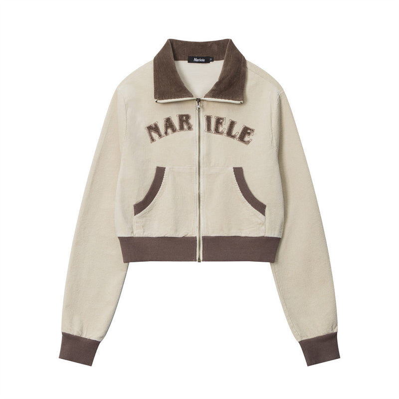Women Jacket Letter Affixed Cloth Embroidered Short Coat Autumn Leisure Lapel Color Matching Zipper Cardigan Jacket