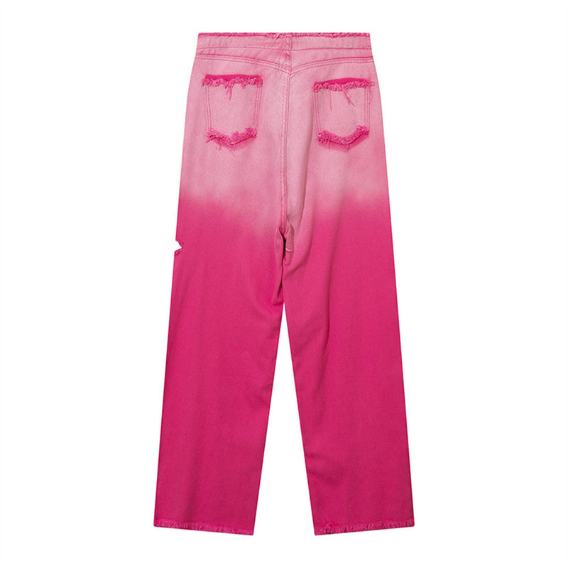 Women Pants Gradient Pink Ripped Jeans