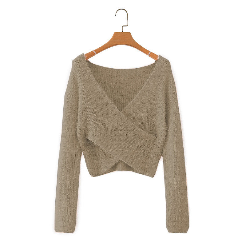 Women Sweater Knitwear Retro Cross V-neck Sweater Long Sleeve Sweater