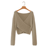 Women Sweater Knitwear Retro Cross V-neck Sweater Long Sleeve Sweater