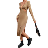 Women Dress Autumn Winter Sexy Hollow-out Slim-Fit Sheath Long-Sleeved Dress