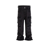 MIJKO Mens Vintage Pants Multi-pocket Wide-foot Bootcut Jeans