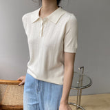 Women Knitted T-shirt Polo Short Sleeve Summer Lapels T-shirt