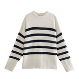 Women Sweater Knitwear Autumn and Winter Striped Loose Long Sleeve round Neck Pullover Sweater