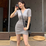 Women Dresses V-neck Pleated Cross Dress Hip Skirt Short Sleeves and Skirt