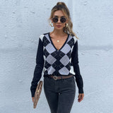 Women Knitted Sweater Autumn Long Sleeve Diamond Plaid V-neck Cardigan Knitted Sweater Coat