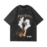 Men T Shirt Washed Vintage Portrait Printing Short Sleeve T-shirt