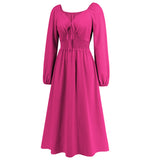 Women Date Dress Slim-Fit Long Sleeve V-neck Lace-up A- line Dress Lantern Sleeve Dress