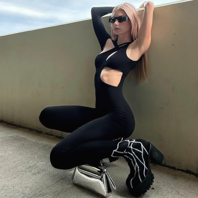Women Jumpsuit Autumn Sexy Hollow Slim Shoulder Long Sleeve Jumpsuit (Hawthaw0412)