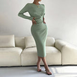 Women Dress round Neck Slim Fit Hip-Wrapped Mid-Length Dress Long Sleeve Dress