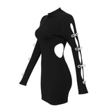 Women's Evening Dress Black Long Sleeve Bowknot Hollow-out Midriff Mini Skirt Sheath Bandage One-Piece Dress