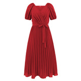 Women Date Dress Summer V-neck Puff Sleeve Lace-up Pleated Dress