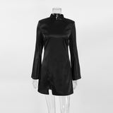 Women Dress Sexy Backless Flared Sleeve Stand Collar Dress Hip Skirt