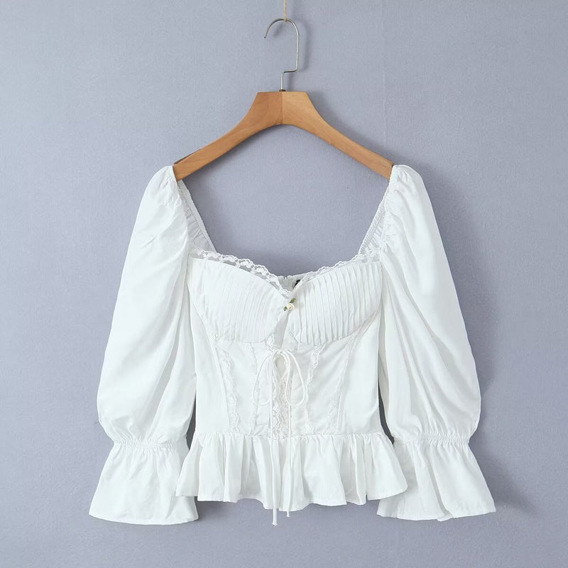 Women Tops Summer Lace Puff Sleeve Shirt