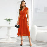 Women Date Dress Summer V-neck Pleated Sleeveless Waist Dress