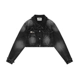 Women Jacket Five-Pointed Star Affixed Cloth Embroidered Short Denim Jacket