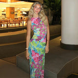 Women Dresses Summer Casual Backless Floral Print Slim Fit Dress (Bla0420)