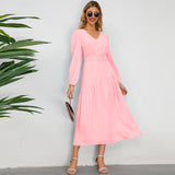 Women Date Dress Autumn and Winter V-neck Bubble Long Sleeve Dress