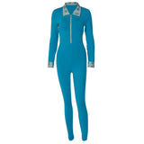 Women Jumpsuit Spring Lapel Zipper Slim Fit Long Sleeve Jumpsuit