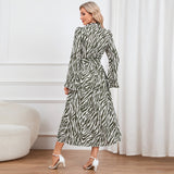 Women Date Dress Long Sleeve Dress Autumn and Winter Stand Collar Leopard Print Printed Dress Long Dress