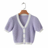 Women Sweater Knitwear Spring and Autumn V-neck Short Sleeve Slim Fit Single-Breasted Sweater
