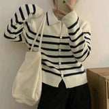 Women Knitwear Autumn and Winter Striped Lapel Sweater Slim-Fit Knitted Cardigan