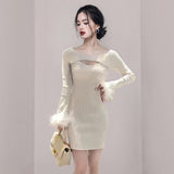 Women Maxi Dress Autumn and Winter Hollow Long Sleeve Narrow Knitted Dress