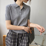 Women Knitted T-shirt Polo Short Sleeve Summer Lapels T-shirt