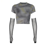Women T-shirt Dotted Prints Mesh Oversleeve Casual Slim T-shirt
